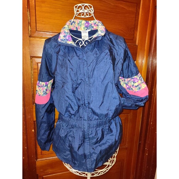 5/$25 Sz L Moving Comfort Windbreaker Jacket Full Zip Pockets Blue Pink Floral - Picture 1 of 9